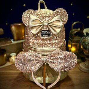 Disney Parks Loungefly Rose Gold Sequin Mini Backpack & Minnie Ears Headband Set